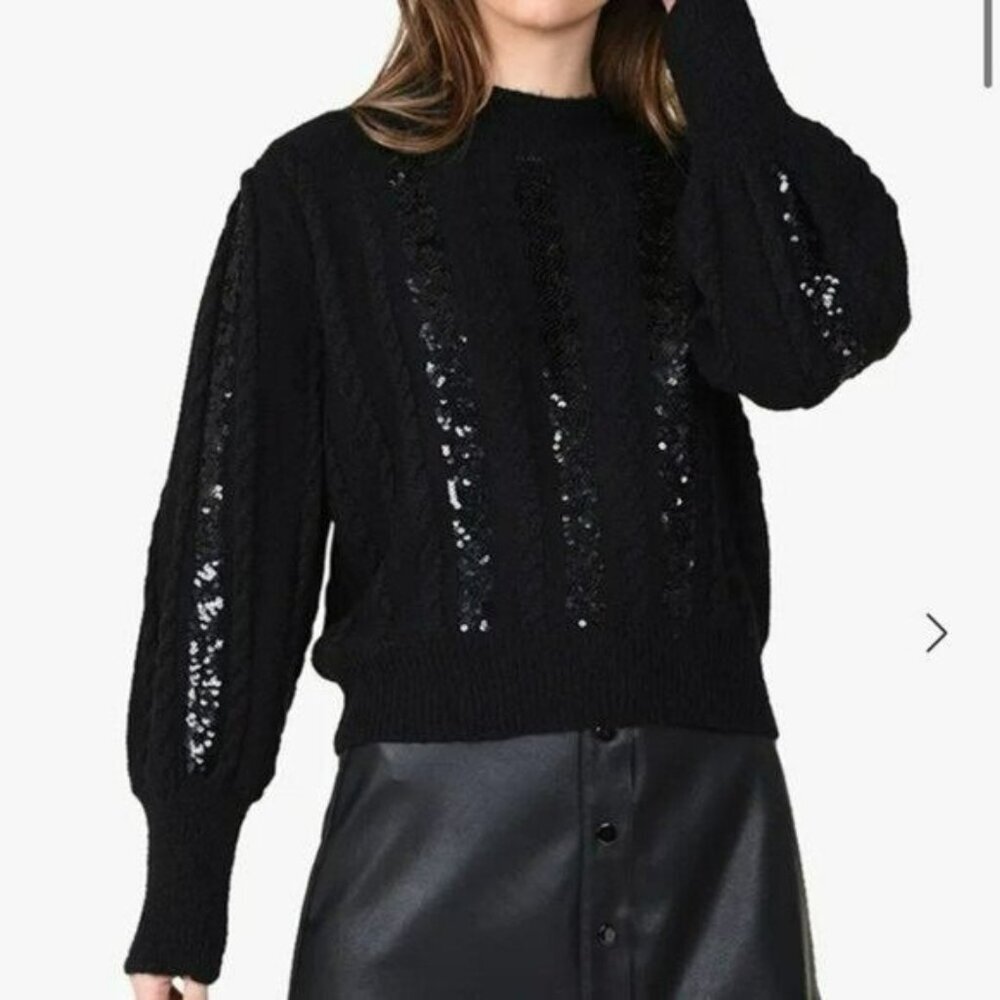 Molly bracken women's size XS sequin stripe cabled puff sleeve sweater in black